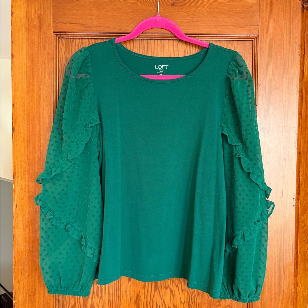 LOFT Emerald Green Blouse with Ruffled Sleeves